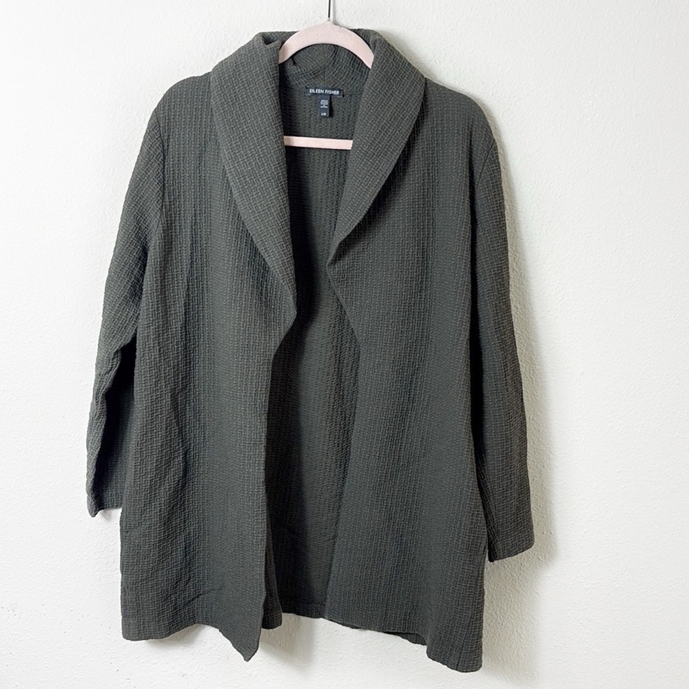Eileen Fisher Cotton / Tencel‎ Stretch Basket Shawel Collar Cardigan sz Large
